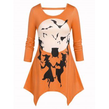 

Plus Size Moon Witch Bat Print Irregular T Shirt, Dark orange