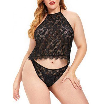 

Plus Size Floral Lace Sheer Lingerie Top and Briefs Set, Black