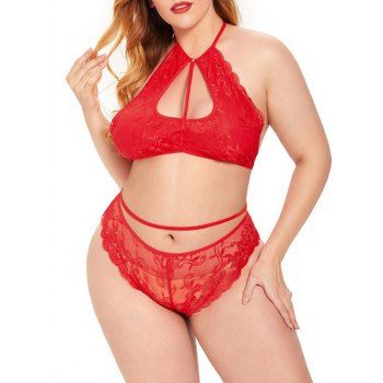 

Plus Size Lace Cutout Tied Sexy Halter Bralette Set, Red