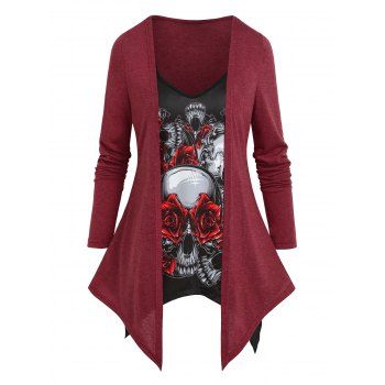 

Skull Flowers Print Faux Twinset T-shirt, Deep red