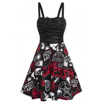 

Summer Gothic Skull Graffiti Pattern Corset Style Lace Up Flare Mini Dress, Black