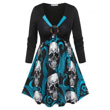 

Plus Size Skull Octopus Print Faux Twinset Halloween T-shirt, Black