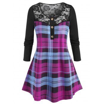 

Plus Size Lace Sheer Plaid Long Sleeve Tee, Purple