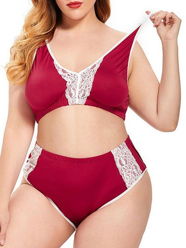 Plus Size Lace Insert Piping Lingerie Bralette Set - RED XL