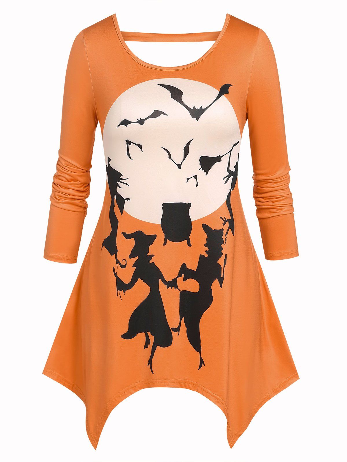T-shirt Irrégulier à Imprimé Lune Sorcière et Chauve-souris de Grande Taille - Orange Foncé 5X