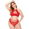 Plus Size Lace Cutout Tied Sexy Halter Bralette Set - RED XL