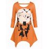 T-shirt Irrégulier à Imprimé Lune Sorcière et Chauve-souris de Grande Taille - Orange Foncé 1X