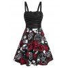Robe Mini d'Eté Evasée Gothique à Lacets et à Motif Crâne Style Corset - Noir XXL