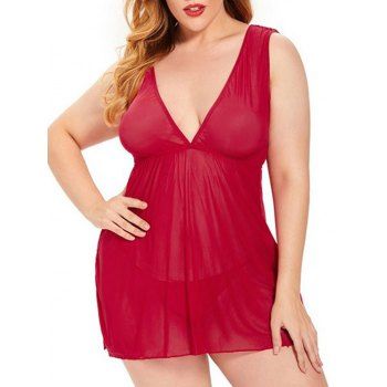 

Plus Size Mesh Sheer Ruffle Plunge Babydoll Set, Red