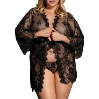 

Plus Size Lingerie See Through Lace Robe and T-back, Black