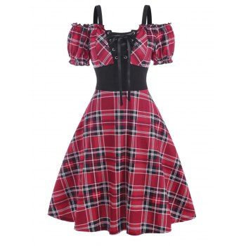 

Vintage Corset Style Plaid Puff Sleeve Cutout Cold Shoulder Lace Up A Line Dress, Red