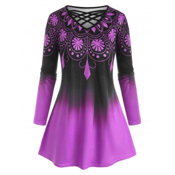 

Plus Size Lattice Ombre Pattern Long Sleeve Tee, Purple