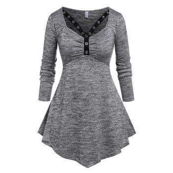 

Plus Size Space Dye Grommet Cutout Long Sleeve Tee, Light gray