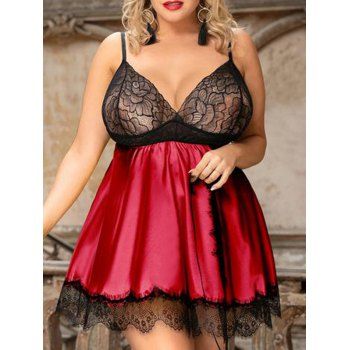 

Plus Size Plunging Neck Lace Panel Babydoll, Red