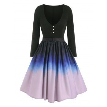 Ombre Mock Button Belted Dress