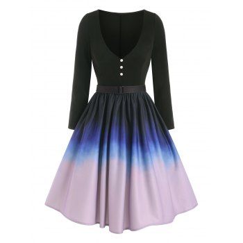 

Ombre Mock Button Belted Dress, Black