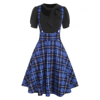 

Vintage Dress Plaid Print Dress Faux Twinset Dress Short Sleeve A Line Dress Mock Button Pussybow Dress, Black