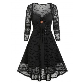 

Bat Pattern Lace-up Mesh Cardigan with Cami Dress, Black