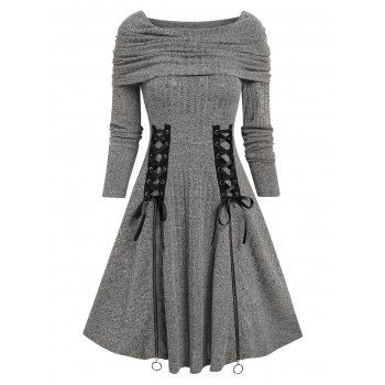 

Convertible Foldover Boat Neck Lace Up Zippered Dress, Gray