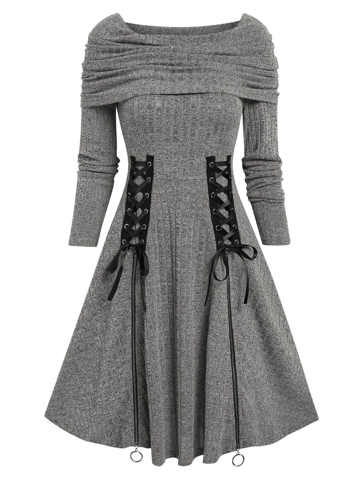 Convertible Foldover Boat Neck Lace Up Zippered Dress - GRAY L
