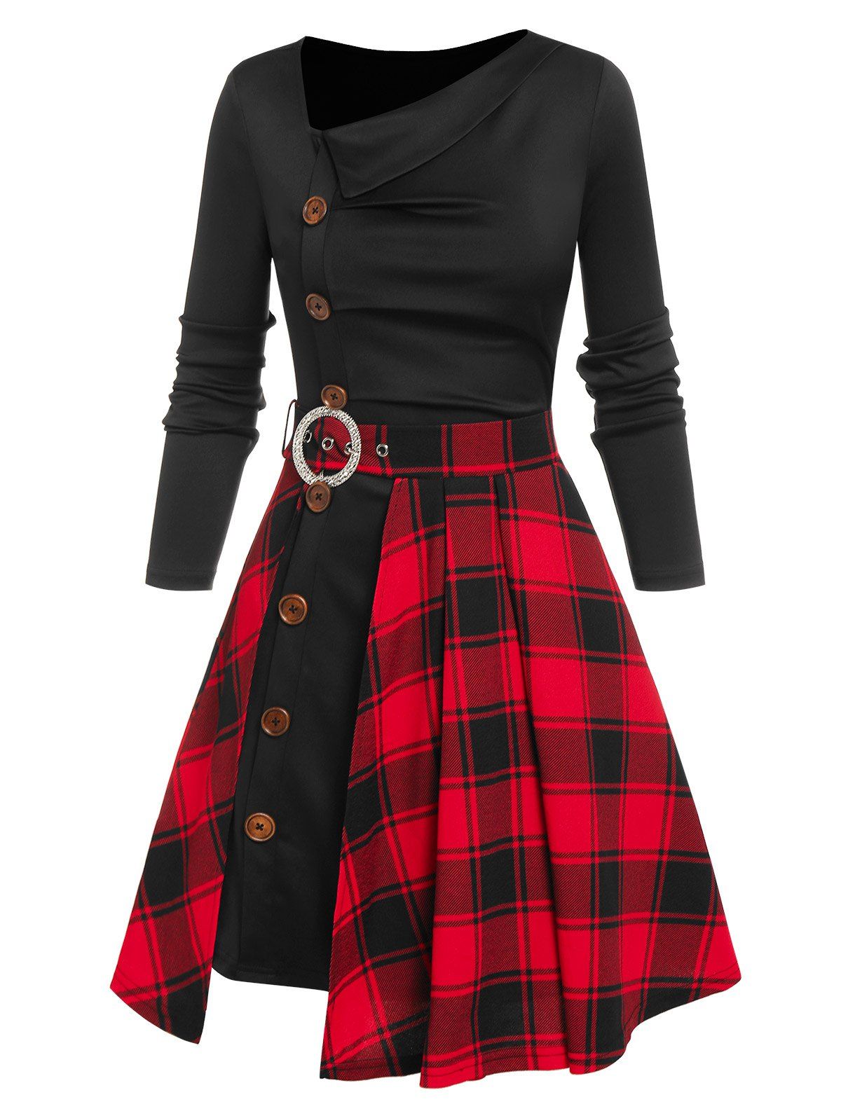 Retro Mock Button Skew Collar Dress and Plaid Slit Skirt Set - BLACK XXXL