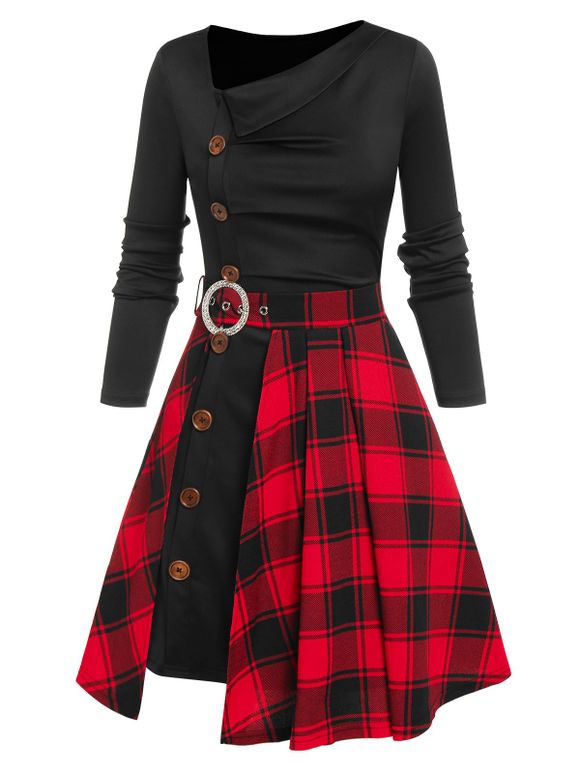 Retro Mock Button Skew Collar Dress and Plaid Slit Skirt Set - BLACK M