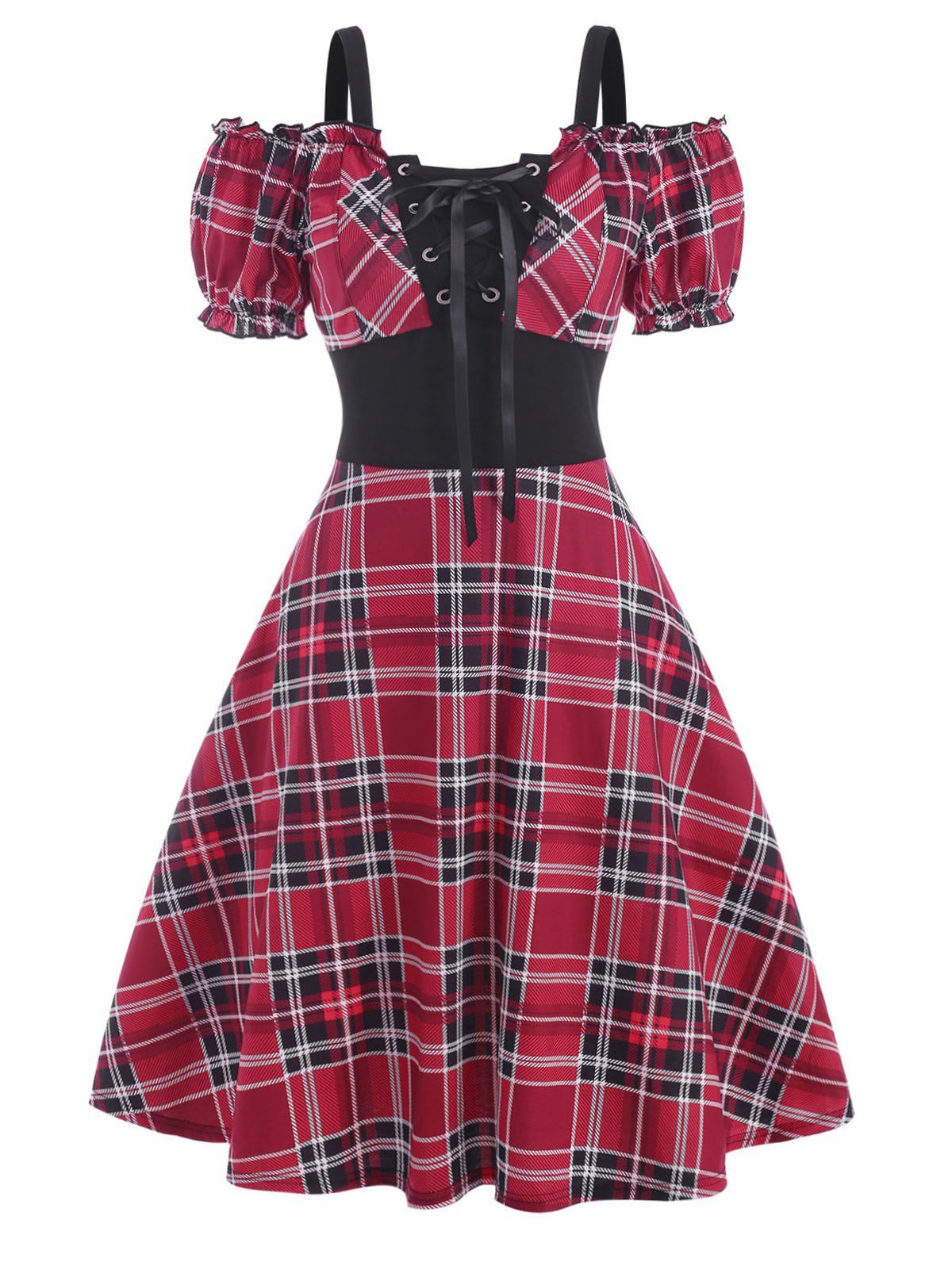 Vintage Corset Style Plaid Puff Sleeve Cutout Cold Shoulder Lace Up A Line Dress - RED XXL