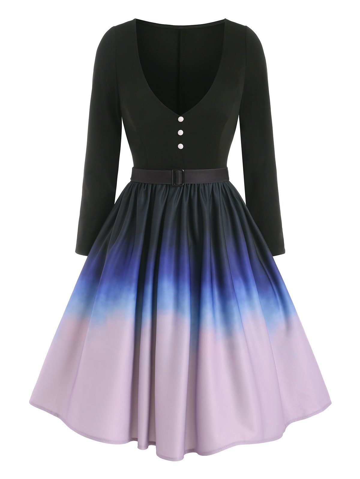 Ombre Mock Button Belted Dress 