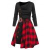 Ensemble de Robe Rétro Boutonnée à Carreaux à Col Oblique et Jupe à Fente Haute - Noir S