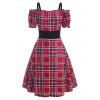 Vintage Corset Style Plaid Puff Sleeve Cutout Cold Shoulder Lace Up A Line Dress - RED XXL