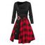Retro Mock Button Skew Collar Dress and Plaid Slit Skirt Set - BLACK M