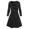 Mock Button Dress and Plaid Print High Slit Skirt - BLACK L