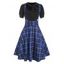 Vintage Dress Plaid Print Dress Faux Twinset Dress Short Sleeve A Line Dress Mock Button Pussybow Dress - BLACK L