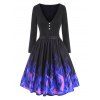 Vintage Retro Flame Print Belted Plunge Fit and Flare Long Sleeve Dress - BLACK S