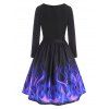 Vintage Retro Flame Print Belted Plunge Fit and Flare Long Sleeve Dress - BLACK S
