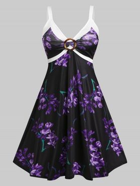 Plus Size O Ring Floral Print Empire Waist Dress