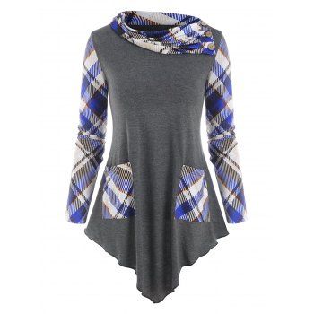 

Plaid Mock Button Pocket Asymmetric T Shirt, Dark gray