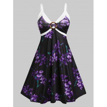 

Plus Size O Ring Floral Print Empire Waist Dress, Black