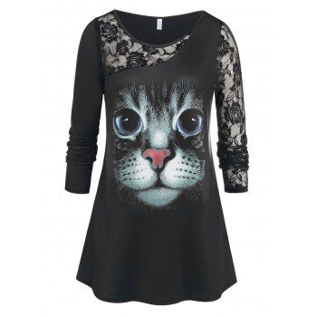 

Plus Size Lace Panel 3D Cat Print T-shirt, Black