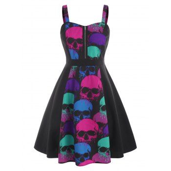 

Colorful Skull Halloween Zippered Front Plus Size Dress, Black