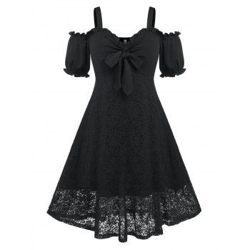 

Plus Size Vintage Cold Shoulder Bowknot Dress, Black