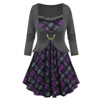 

Plus Size Plaid Ring Long Sleeve Peplum Tee, Multicolor