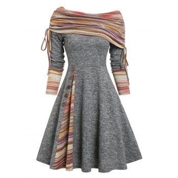 

Convertible Neck Cinched Striped Flare A Line Dress, Light gray