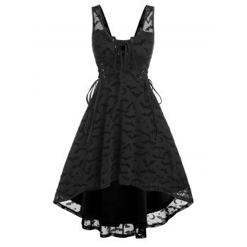 

Bat Pattern Lace-up High Low Mesh Dress, Black