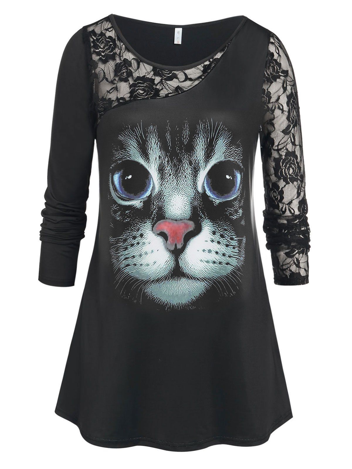 Plus Size Lace Panel 3D Cat Print T-shirt - BLACK 1X