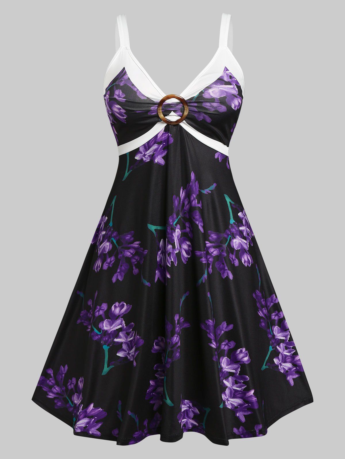 Plus Size O Ring Floral Print Empire Waist Dress - BLACK 4X