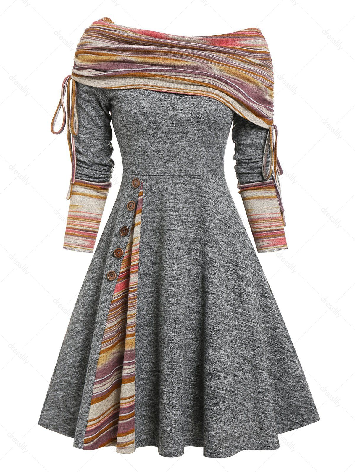 Convertible Neck Cinched Striped Flare A Line Dress - LIGHT GRAY L