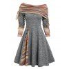 Convertible Neck Cinched Striped Flare A Line Dress - DARK GRAY M