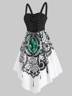 Summer Vintage Diamond Print Lace Up Corset Style Asymmetric Dress