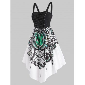 

Summer Vintage Diamond Print Lace Up Corset Style Asymmetric Dress, White